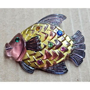 Vtg Pink & Purple 2" LUCITE FISH BROOCH Multi Color Rhinestones Gold Enamel
